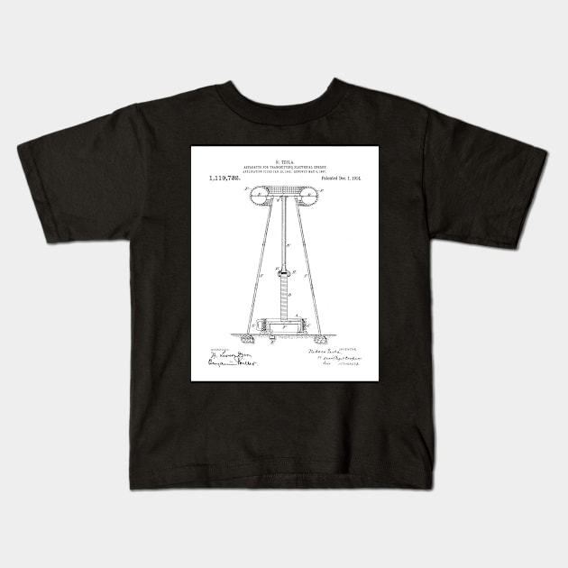 Tesla Transmitter Patent - Electrician Maker Workshop Art - White Kids T-Shirt by patentpress